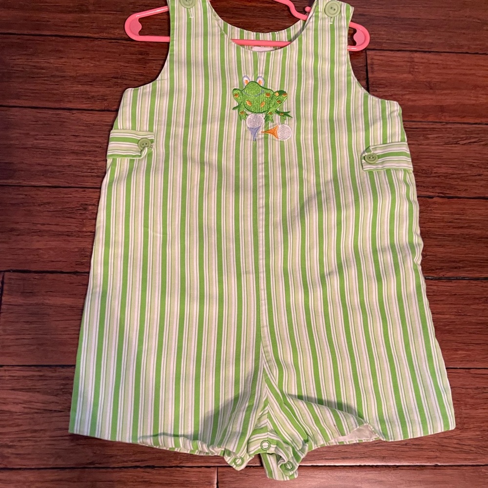Green Striped Chez Ami Shortall Kids One Piece Frog Outfit